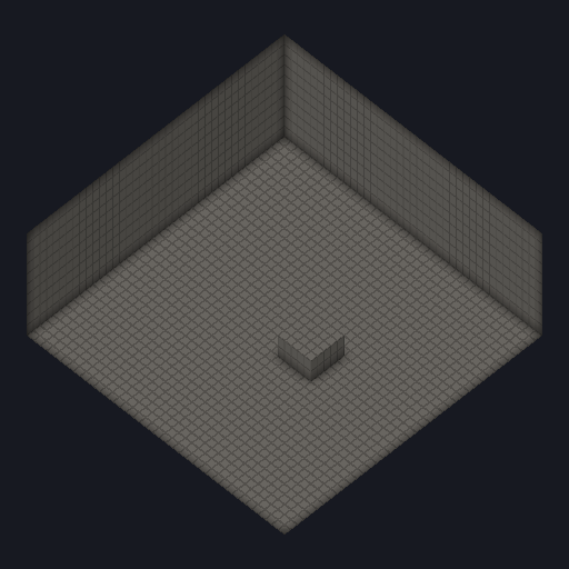 A voxel arena seen from an isometric angle, its walls and floor lit