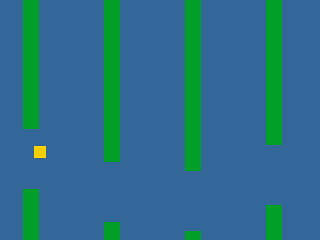 A side-scrolling game frame: a yellow bird between green pipes on a blue sky